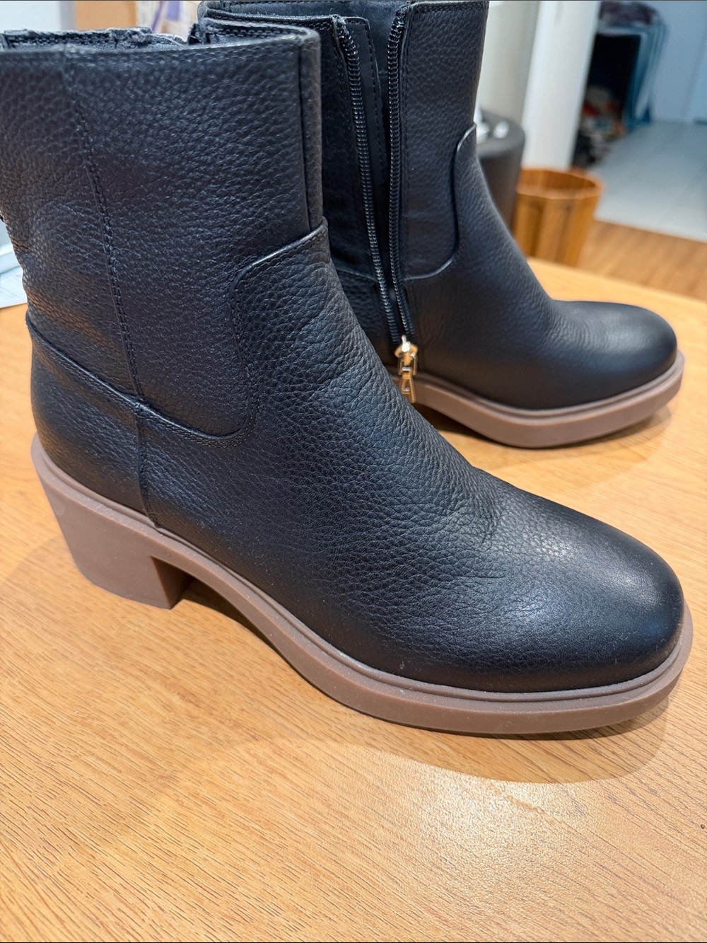AEROSOLES Black Ankle Heeled Boots with Brown Platform